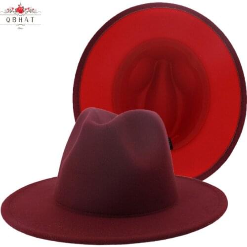 QBHAT Outer Wine Red Inner Red Patchwork Felt Hat Autumn Winter Woolen Jazz Trilby Cap Classic European US Men Women Fedora Hats