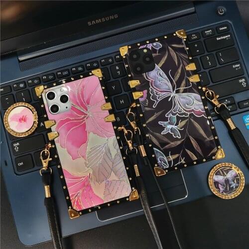 Luxury Glitter flower Butterfly Case for iPhone 11 Pro Max 6 6S Rope Lanyard Square Cover for iPhone 12 PRO 7 8 Plus X XS MAX XR