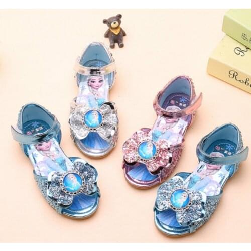 Girls Princess Frozen Elsa Sandal Summer Leather Glitter Crystal Rhinestones Bow Kid Sandals Party Shoes Children Christmas Gift