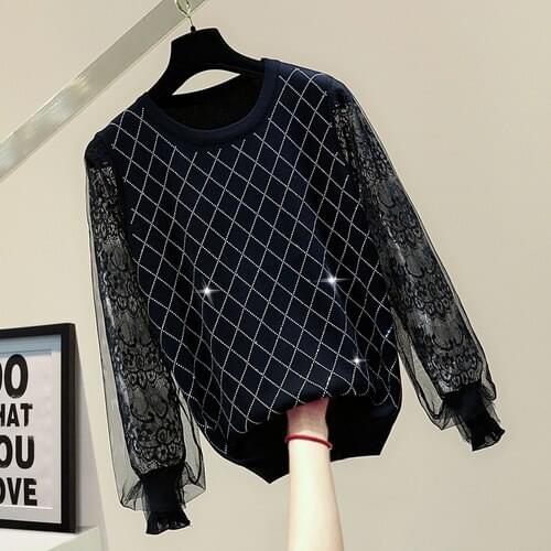 Mesh Lantern Sleeve Knitted Shirt for Women New Stretch Top 2021 Spring Korean Style Plaid Rhinestone Long Sleeve Jumper