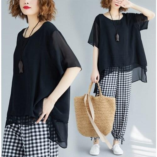 Irregular Chiffon Short Sleeve T-shirt Women 2021 Summer t shirt O-Neck Pullover t shirts Tee Loose Top Streetwear