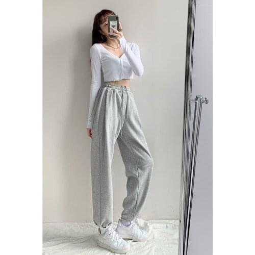 Plus Size Womens Sports Pants Joggers Gray Sweatpants Pockets Elastic Waist Baggy Korean Style Trousers Women Sweat Pants