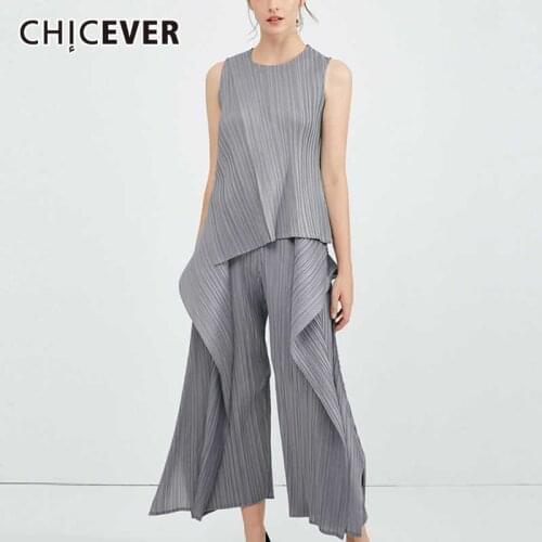 CHICEVER Ruched Ruffle Striped Two Piece Set Female O Neck Sleeveless Irregular Shirt Wide Leg Pants Casual Suit Women 2020 New