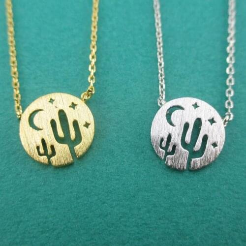 Desert Night Sky Crescent Moon Stars and Cactus Necklaces For Women Gifts Dainty Jewelry Stainless Steel Coin Pendants Necklaces