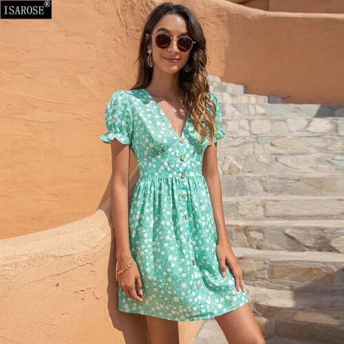 ISAROSE V Neck Dress Floral Women Chiffon One-piece Summer Puff Sleeves Stretch High Waist Wood Buttons Short Beach Dresses