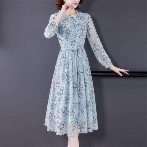 2020 new spring and autumn ladies printed chiffon long sleeve dress women fashion high-end light blue long dress