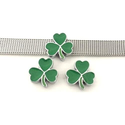 10PCS 8mm Alloy Cute Green Leaf Slide Charms Slide Beads DIY Accessories For 8mm Bracelets For Wristbands Straps Pet Name Collar