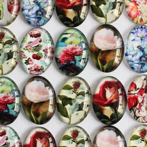 18x25mm 30x40mm Random Mixed Flower Oval Pattern Glass Cabochons for Base Blank Tray Flatback Photo DIY Making Accessories