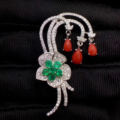 Natural green emerald gem brooch natural red coral Luxury flowers Tassels brooch S925 silver women girl party gift party jewelry
