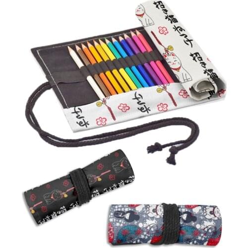 Cartoon Funny Printed Roll Pencil Case 12/24/36/48/72 Holes Harajuku Creative Girls Boys Pen Bag Drawing Storage Canvas Bags
