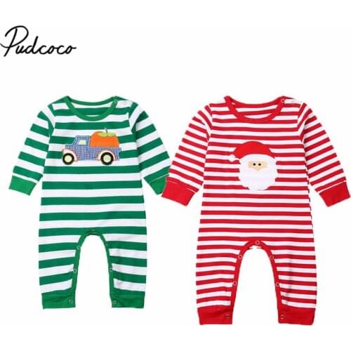 2019 Baby Spring Autumn Clothing Newborn Kids Baby Girl Boy Romper Jumpsuit Santa Claus Patch Striped Outfits Christmas Clothes