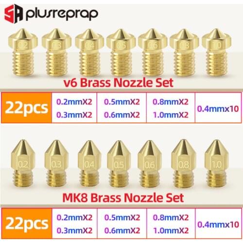 22PCS MK8 V6 All Metal Brass Nozzle J Head Hotend Extruder for1.75mm A8 Creality CR-10 Ender 3 MK8 Makebot 3D Printer parts Kits