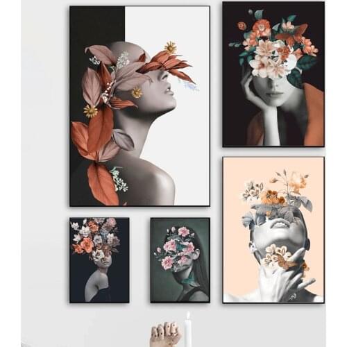 Wall Decoration Poster Picture Modern Abstract Woman with Flower Printings On The Wall Lady Room Decor Canvas Painting