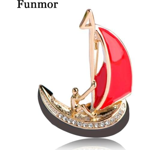 Funmor Red Enamel Ship Brooches Shirt Collar Clip Sailing Club Badge Hijab Pins Decoration Men Figure Boat Sail Shape Brooch