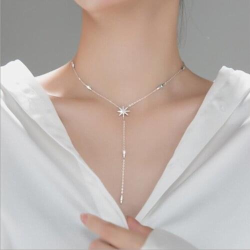 Geometric Silver Y- Pendant Necklace 925 Sterling Silver Necklace with Cubic Zirconia