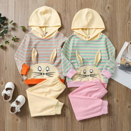 PatPat 2-piece Toddler Girl Animal Pattern Stripe Colorblock Hoodie Sweatshirt and Solid Pants Set