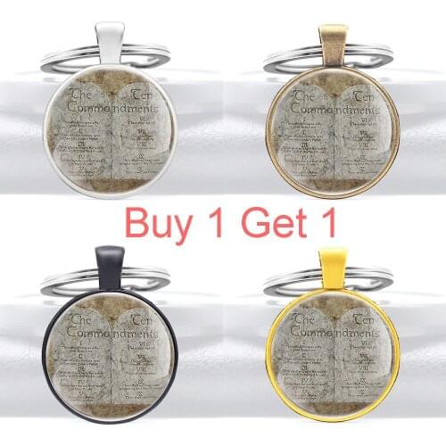 Buy 1 Get 1 Bible the Ten Commandments Glass Cabochon Metal Pendant Key Chain Fashion Men Women Key Ring Jewelry Gifts Keychains