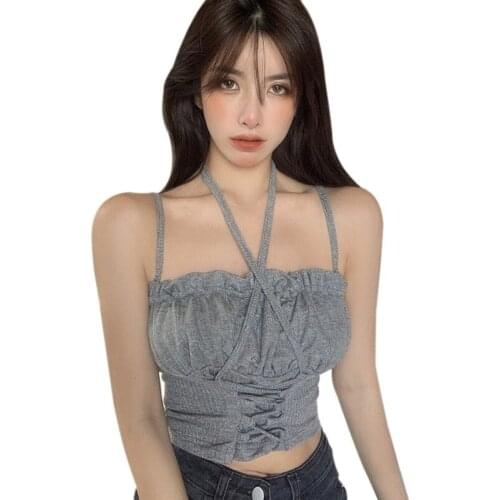 Summer Solid Color Halter Slim Sexy Vest Women Exposed Navel Knitted Camisole Crop Top