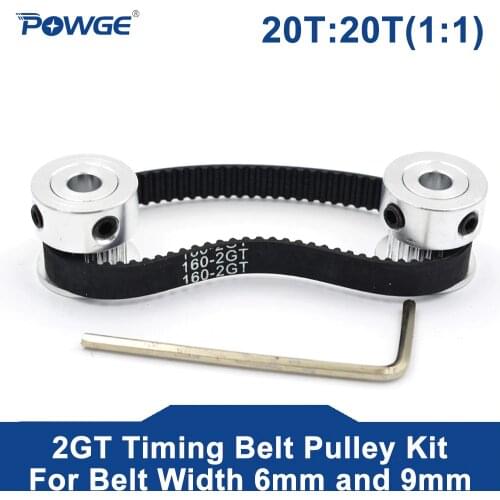 POWGE 2M/2GT 20Teeth Synchronous Timing Pulley Bore 4/5/6/6.35/8mm Set 1:1 20T:20T Speed Ratio for 160-2GT Belt Width 6/9mm Kit