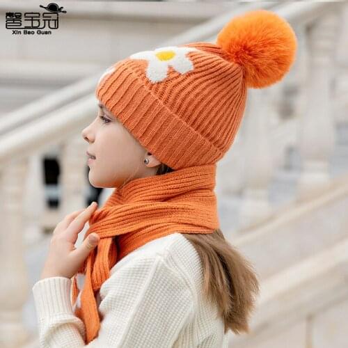 New winter childrens warm knitting wool hat girls jacquard versatile scarf hat two piece set