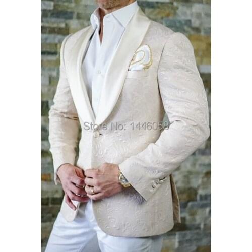 New Arrival 2018 Custom Made Shawl Collar Champagne Floral Wedding Men Suits With Pants Groom Suit Mens Formal Wedding Dress