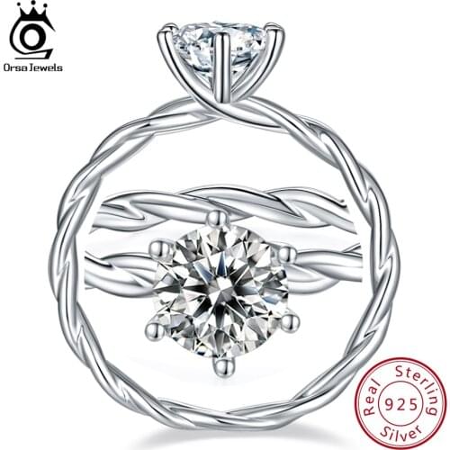 ORSA JEWELS 1 CT D-E Color Moissanite Ring Fashion Twisted Arm Six Prong Sterling Silver Wedding Ring for Women size 4.5-9 SMR67