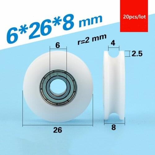20pcs U groove Plastic coated bearing 696ZZ 6*26*8mm POM track guide roller wheel 4mm line nylon pulley Bore 6mm Diameter 26mm