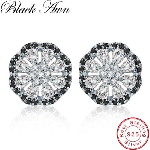[BLACK AWN] Classic 925 Sterling Silver Natural Flower Wedding Stud Earrings for Women Fine Jewelry T194