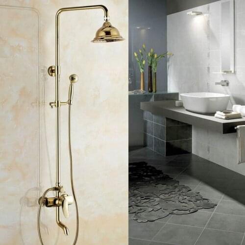 Shower Faucets Gold Brass Bathroom Shower Mixer Tap Faucet Set Rain Shower Head Round Wall Mounted Bathtub Faucet agf306