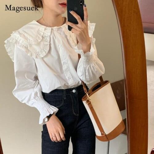 Women Korean Sweet Ruffles Vintage Women Tops And Bloues New Arrival Long Sleeve White Blouse Casual Cotton Shirt Women 12392