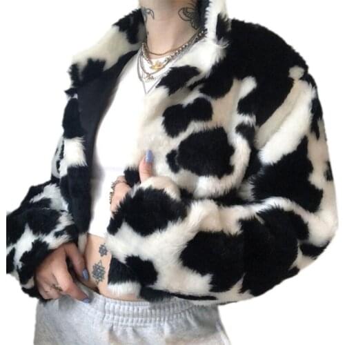 Women Winter Faux Fur Short Jacket 2021 Goth Punk Cow Print Plush Coat Long Sleeve Turtleneck Open Front Loose Cardigan Outwear