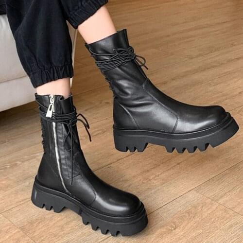 Women Handmade Genuine Leather Chunky Platform Winter Ankle Boots Round Toe Cow Leather Lace Up Thick Sole Women Short Boots