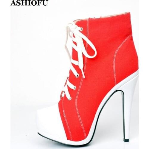 ASHIOFU Handmade New Ladies High Heel Boots Denim Leather Lace-up Party Prom Ankle Boots Platform Autumn Evening Fashion Boots