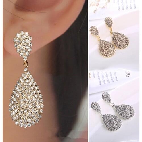 1 Pair Women Water Drop Earrings Crystal Luxury Female Ear Ring Rhinestone Girls Gold Silver Color Jewelry Ladies Elegant 2021