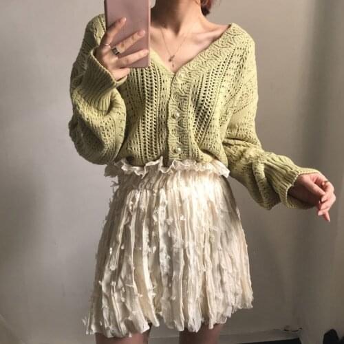 2021 Women Spring Summer Sweater and Cardigans Low V-Neck Knit Tops Long Sleeve Hollow Out Sexy Cardigan Loose White Tops
