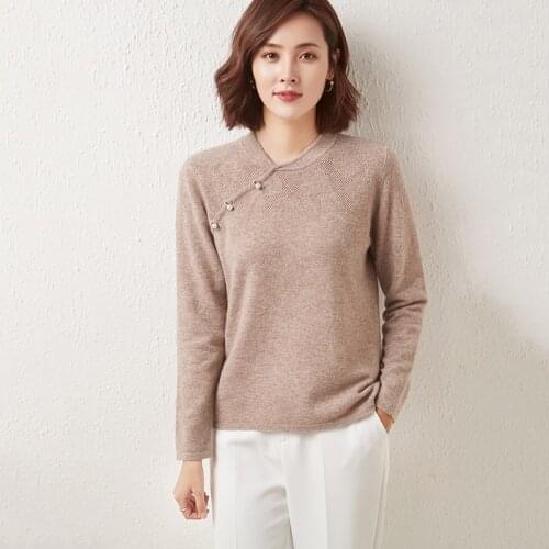 21 Spring Autumn New 100% Pure Wool Sweater Womens Pullover Long-Sleeved Cheongsam Pearl Buckle V-Neck Knitting Bottoming Shirt