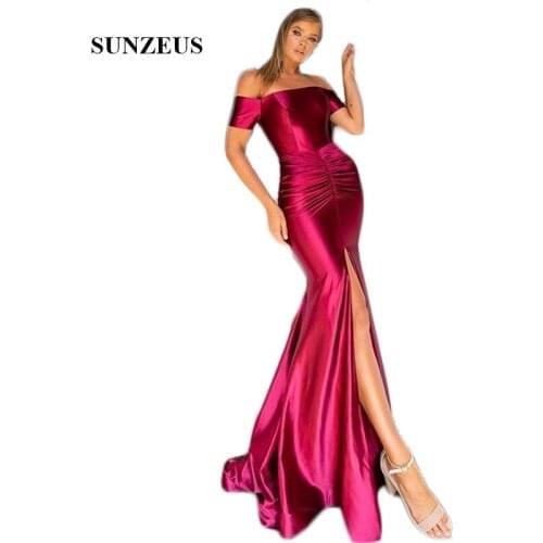 Long Mermaid Evening Dresses Bost Neck Short Sleeve Simple Satin Formal Dresses Front Slit Women Celebrity Dresses SE28
