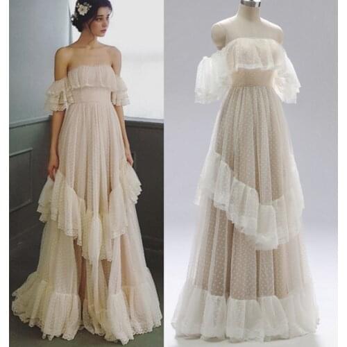 Fanweimei Lace Bohemian Wedding Dress Off Shoulder Neckline Backless Bridal Gowns Short Sleeves Brides Dress Customize