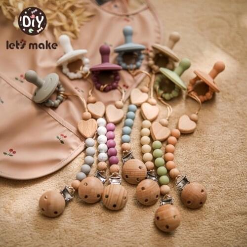 Lets Make 1set Silicone Baby Wooden Dummy Love Heart Pacifier clip Safe Teething Smiley Face Pacifier Toys Newborn Shower Gift