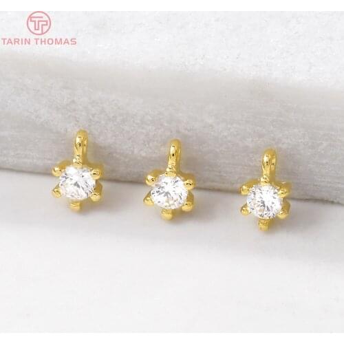 6PCS 3x6.5MM Hole 1MM 24K Gold Color Plated Brass with Zircon Round Charms Pendants High Quality Diy Jewelry Accessories