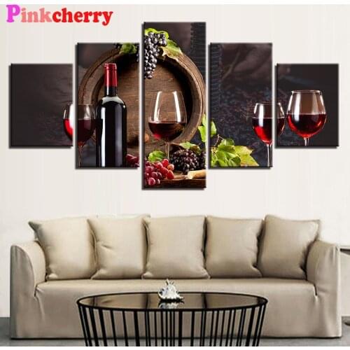 5 Panel,Red wine diamond Painting full drill square round diamond art grape mosaic diamond embroidery Rhinestone Home Decor P16