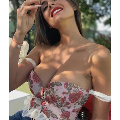 Ailigou 2021 New Floral Corset Ladies Sweet Print Ruffled Sexy Nine-Point Bow Bandage Tops Summer Sleeveless Corset Casual Vest