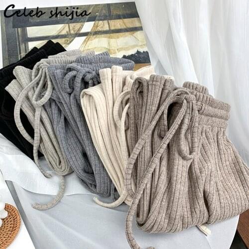 New Chic Autumn Wool Knit Pants Woman High Waist Apricot Khaki Loose Straight Leg Pant Female Korean Winter Street Trousers Mom