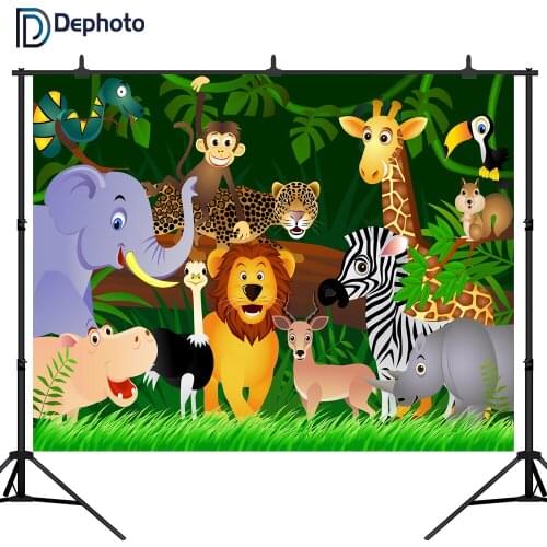 DePhoto Jungle Safari Themed animals birthday party banner photo background Baby Kids Portrait Party Backdrop baby shower