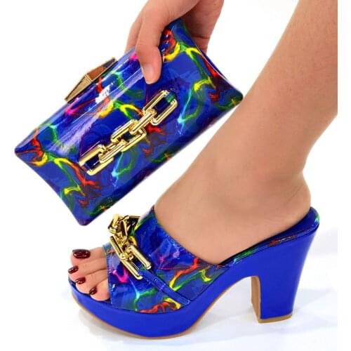 Doershow New Arrival African Wedding Shoes and Bag Set blue Italian Shoes with Matching Bags Nigerian Women party!!SOU1-11