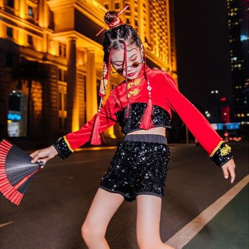 Girls Jazz Costumes Long Sleeve Red Tops Black Sequin Vest Shorts Kids Street Dance Hip Hop Stage Performance Clothing DQL5419