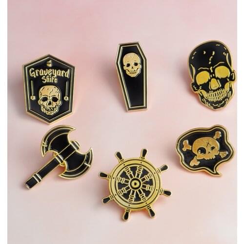 Skeleton Pirate Enamel Brooches Compass Ax Skull Coffin Dark Pin Shirt Denim clothes Button Badge Punk jewelry gift for men