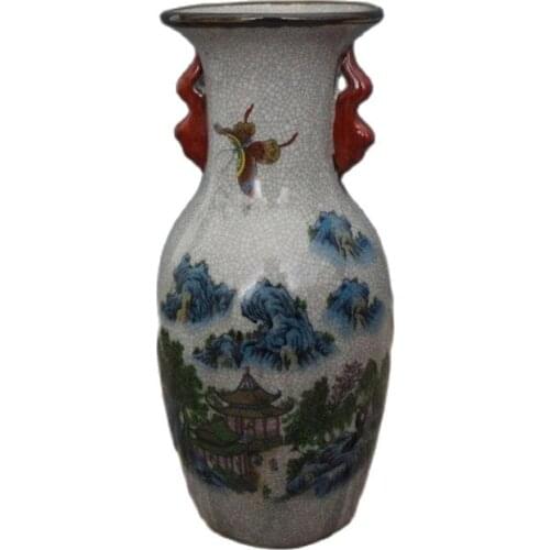 Chinese old porcelain Crack Glazed Landscape painting Binaural Vase