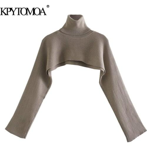 KPYTOMOA Women 2020 Fashion Arm Warmers Cropped Knitted Sweater Vintage High Neck Long Sleeve Female Pullovers Chic Tops