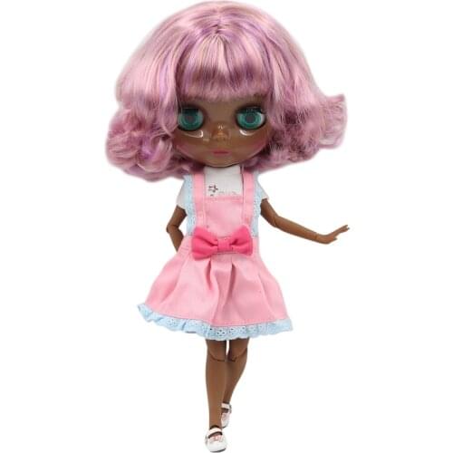 ICY DBS Blyth doll nude 1/6 BL2240/7216 joint body with super black skin and pink mixed curly hair glassy face